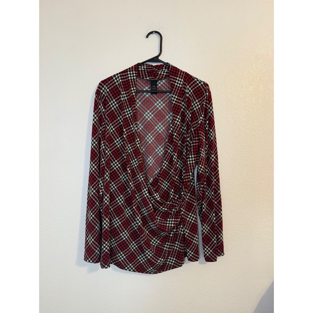Vintage Lane Bryant Red Houndstooth  V-Neck Long Sleeve Top Plus Size 14/16